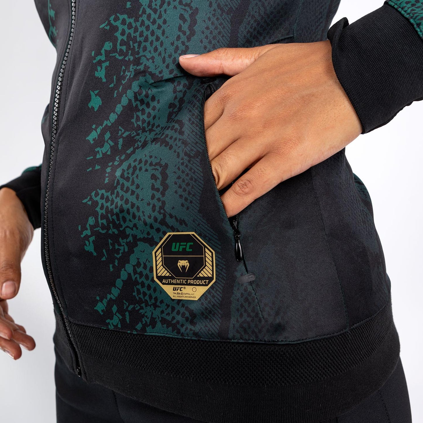 UFC Adrenaline by Venum Authentic Fight Night Women’s Walkout Hoodie - Emerald Edition - Green/Black/Gold
