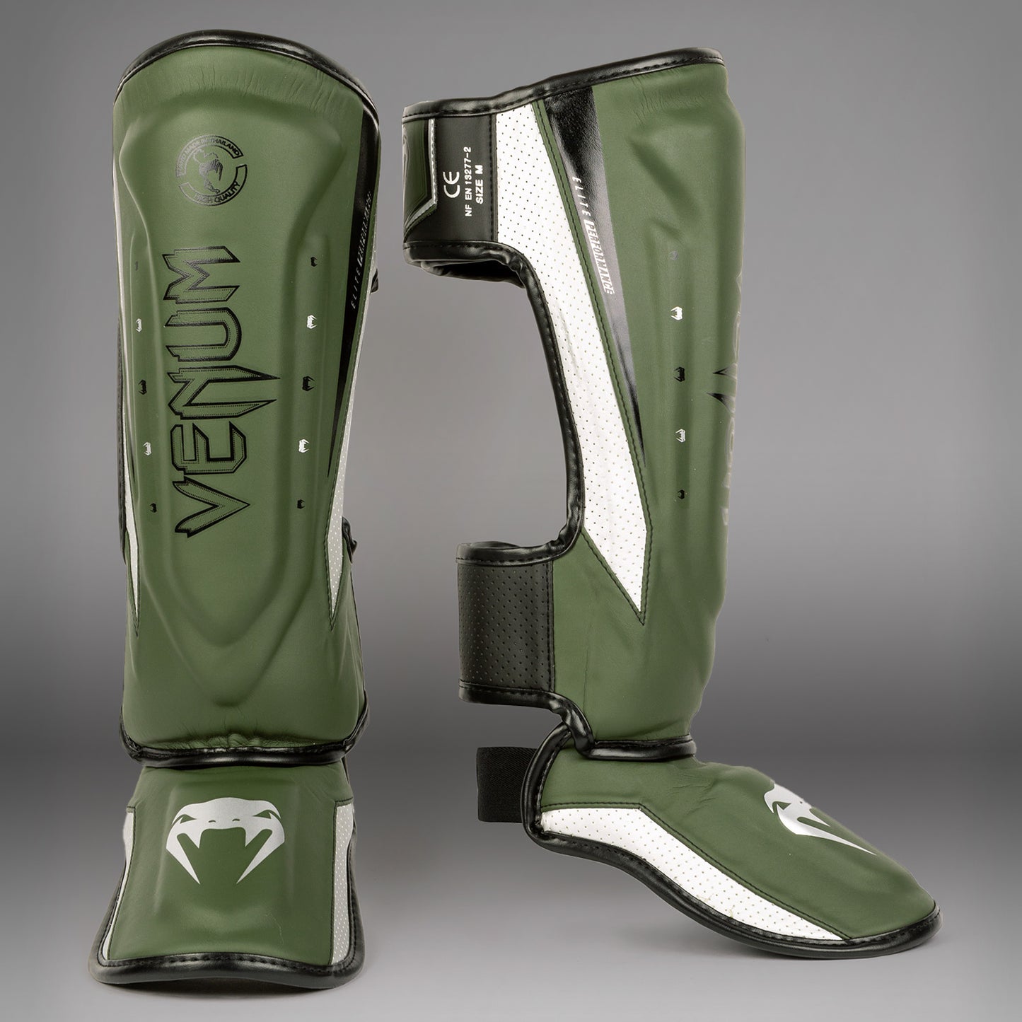 Venum Elite Evo Shinguards - Khaki/Silver