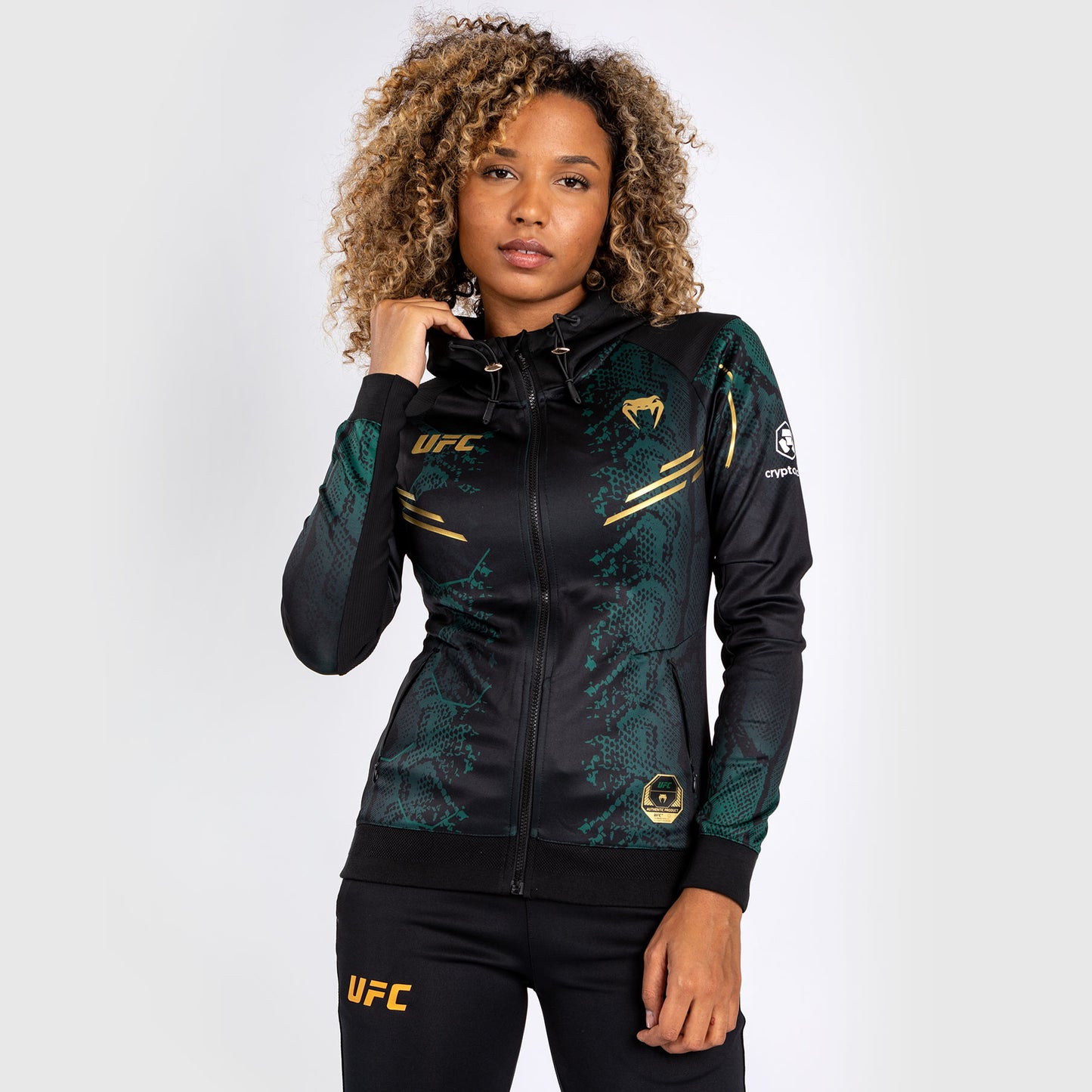 UFC Adrenaline by Venum Authentic Fight Night  Women’s Walkout Hoodie - Emerald Edition - Green/Black/Gold