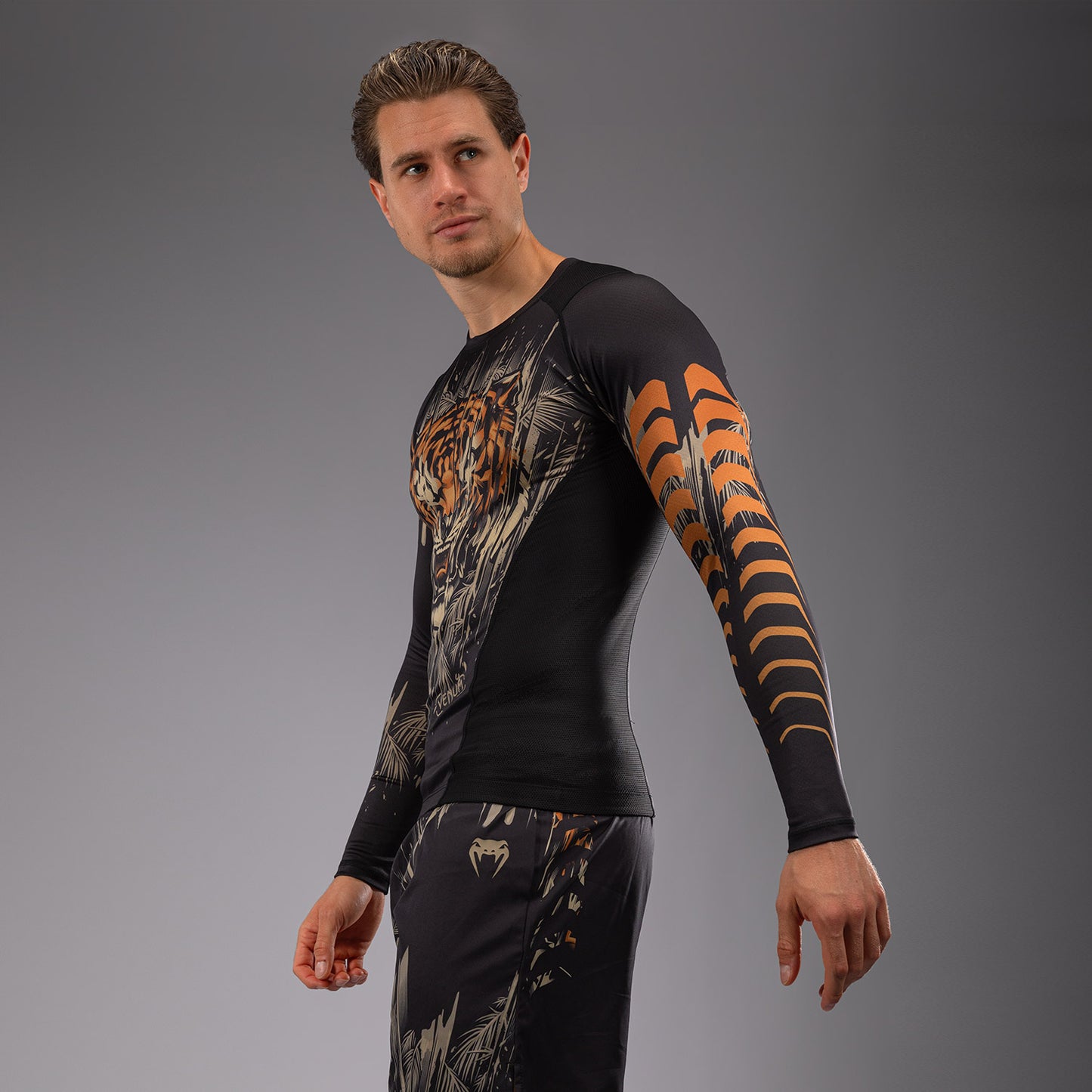 Venum Tiger Men's Long Sleeve Rashguard - Black/Neon Orange