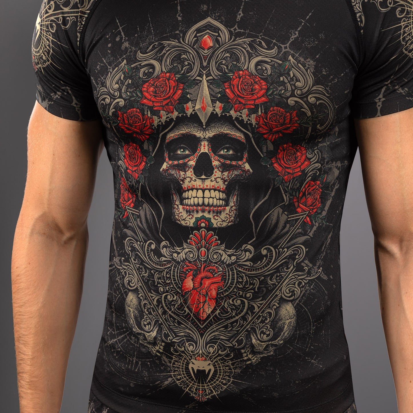 Venum Santa Muerte 5.0 Men’s Short Sleeve Rashguard - Deep Black/Gold