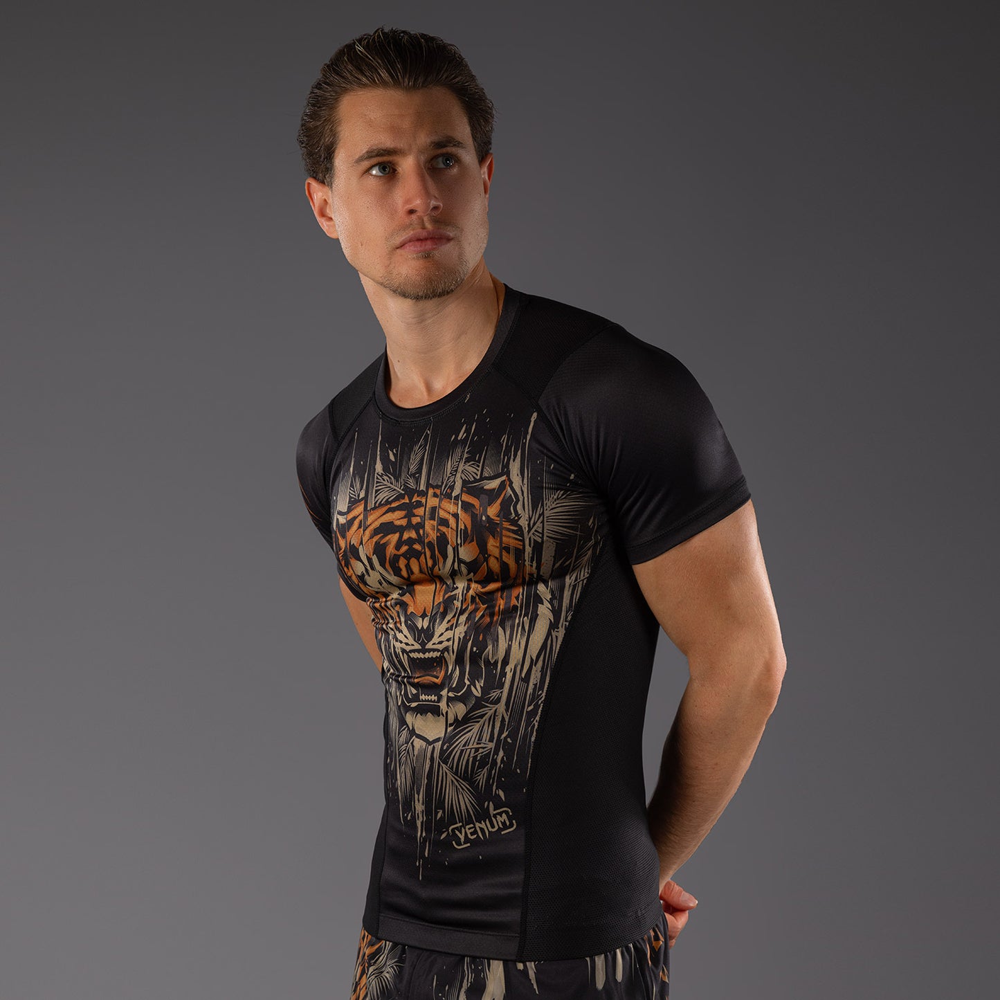 Venum Tiger Men's Short Sleeve Rashguard - Black/Neon Orange